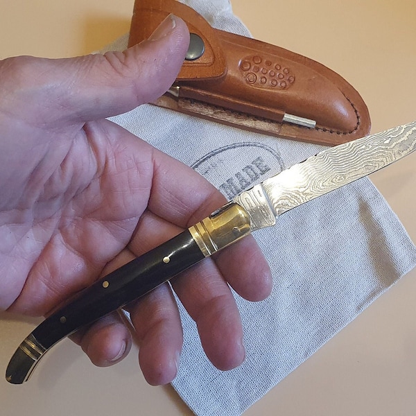 Laguiole pocket knife Damascus knife folding knife Elegant Laguiole knife with Damascus blade and leather case Handmade stainless steel (T9)