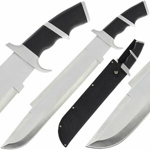 May include: A black and silver knife with a black leather sheath. The knife has a curved blade and a black handle with a silver stripe.