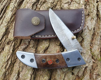 Damascus knife pocket knife-damascus pocket knife-hunting knife-damascus blade-tanto-high-quality-one-hand operation - (X33bs