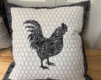 Rooster Throw Pillow, Chicken Decor, Black and White Rooster Pillow