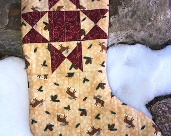 Quilted Christmas Stocking, Handmade Christmas Stocking, Moose Stocking,