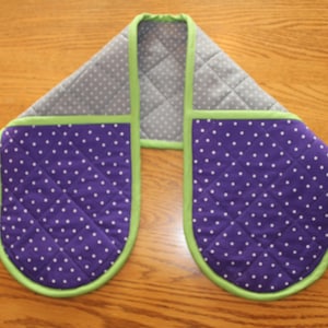 Double Oven Mitt, Double Hot Pad, Grey - Purple - Green,