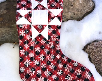 Quilted Christmas Stocking, Handmade Christmas Stocking, Farmhouse Stocking, Handmade Christmas, Snowflakes, Plaid, Red & Black, Stockings