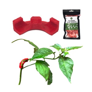 May include: Red plastic plant bender for training plants. The bender is shaped like a 90-degree angle and is designed to help plants grow in a desired direction. The image also shows a plant with a bender attached to a stem.