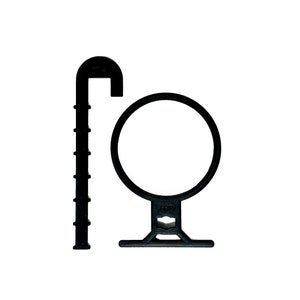 May include: Black plastic plant hanger with a hook and a ring for hanging a plant pot. The hanger has a small label that says "150".