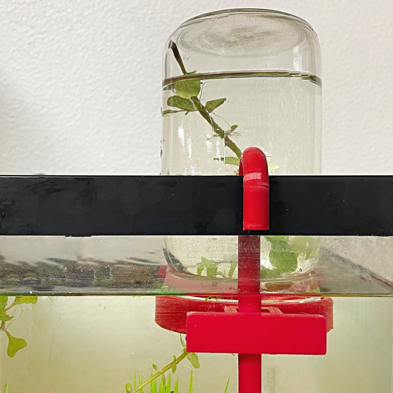 May include: A red plastic plant holder with a clear glass jar attached to it. The jar is filled with water and a small plant. The holder is designed to be placed on the edge of an aquarium.