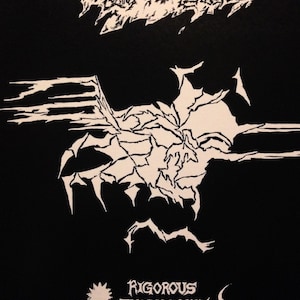 May include: Black and white album cover with the text "The Coming of the Terror" and "Rigorous Institution" in a stylized font. The cover features a graphic design of a creature with sharp claws and a jagged body.