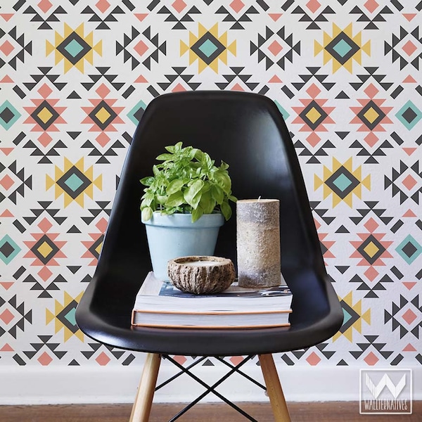 Aztec Wall Pattern Modern Wallpaper - Removable, Reusable, Repositionable Fabric Wallpaper - Mid Century Modern, Tribal, Southwest, Western