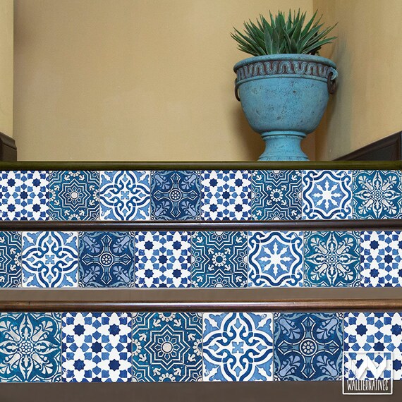 Staircase Eclectic Miami beige tiles blue tiles brick patio bright tile  stairs colorful stairs floral tiles g…