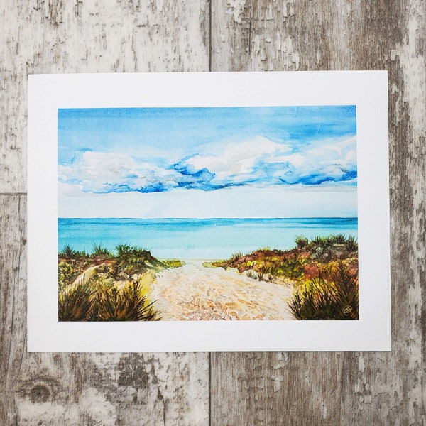 Beach Day - Watercolor Print, Sand Dunes, Michigan, Indiana, 8.5 x 11", Lake Michigan, Shore, Water, Summer, Artist made, Art