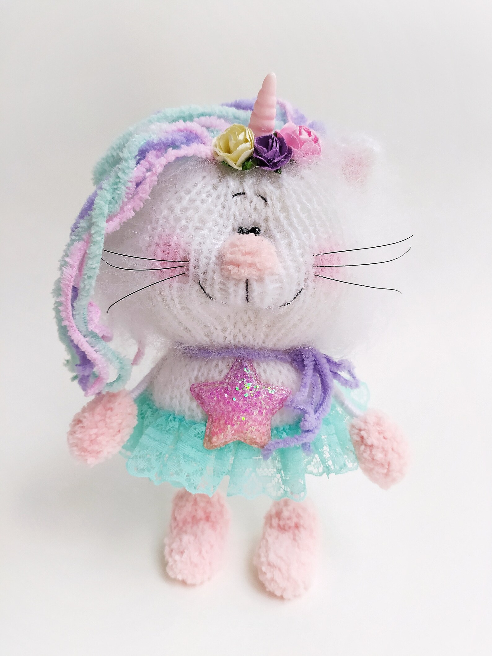 Knitted stuffed cat Unicorn plush figurine Crochet cat doll Etsy
