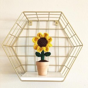 Pode incluir: Um girassol de crochê em um vaso de terracota está em uma prateleira dentro de uma moldura hexagonal de arame dourado.
