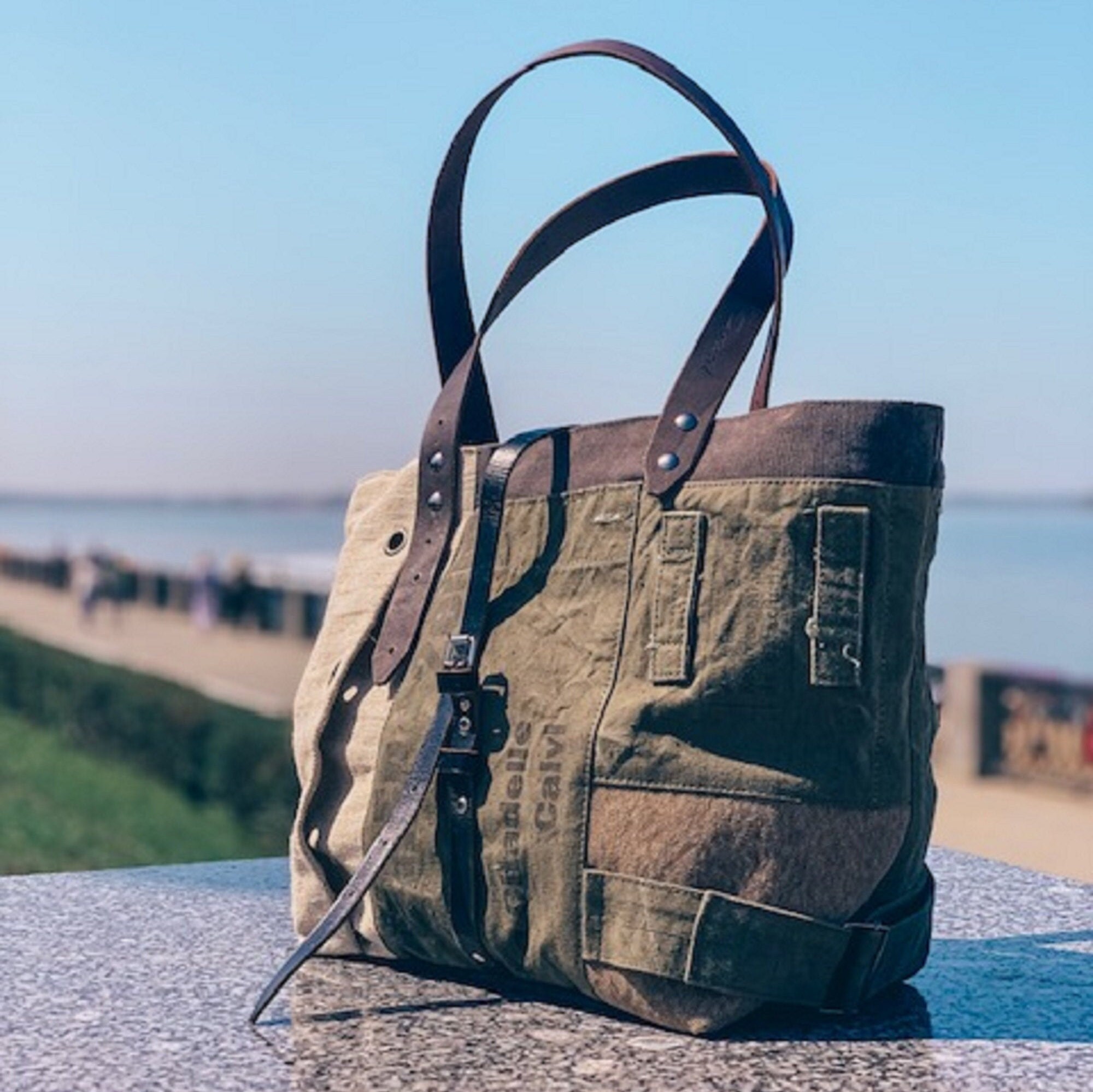 Tote bag military With leather handles Weekender bag women Etsy