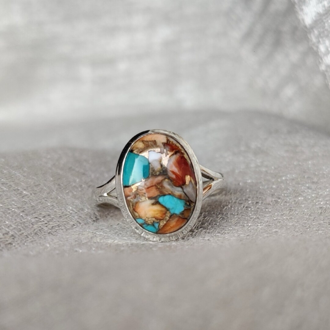 Handmade 925 Sterling Silver Ring With Natural Pink Dahlia Turquoise & Spiny Oyster