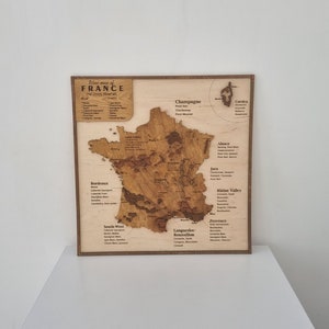 Mapa de la región vinícola de Francia, regalo para amantes del vino, accesorios para bodega, mapa 3D de madera, decoración rústica para la pared del comedor, ideas para decoración de cocina