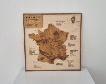 Handmade Wooden France Wine Region Map, Rustic 3D Wall Decor Wine Room