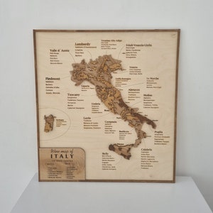Carte des régions viticoles d'Italie, décoration en bois pour amateurs de vin, cadeau unique, décoration de vin de salon, art mural, cartes en bois 3D, décoration de cave à vin, chêne