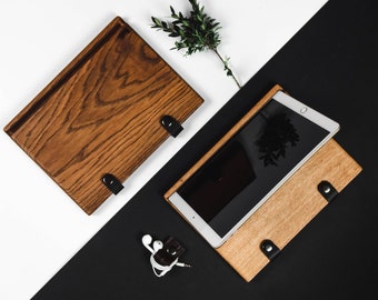 Oak Wood iPad Case with Stand, Leather Detail, Personalized Sleeve apple case