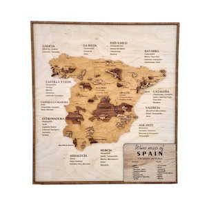 Wandkunst aus Holz, Weinliebhaber Geschenk, Weinkarte von Spanien handgefertigt aus Eiche, Haus Bar Dekoration, Dekor für Küche, Wohnzimmer, Weinkeller Deko