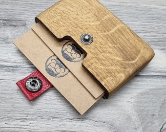 Wooden Card Holder, Red Leather Mini Wallet handmade