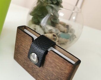 Oak Wood Card Wallet, Personalized Leather Business Card Holder handmade