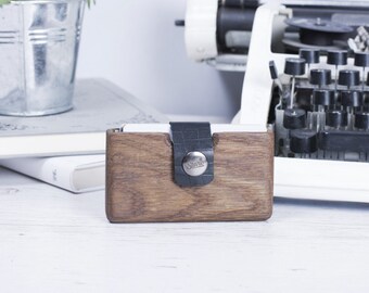 Personalized Oak Card Holder, Handmade Leather Clip Wallet Gift