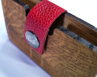 Personalized Oak Business Card Case with red Leather Clip