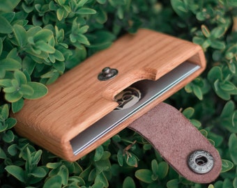 Personalized Oak Wood Business Card Holder with Leather Clip brown leather