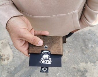 Oak Wood Cardholder with Leather Clip, Personalized Gift black Leather