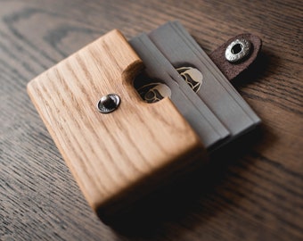 Personalized Oak Card Case: Handmade Wooden Business Card Holder with Leather Clip present