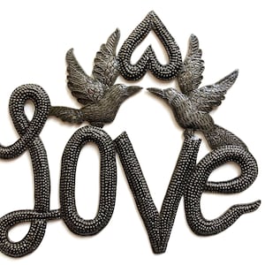 Haiti Metal Folk Art Lovebirds Artwork Steel Drum Love Wall Decor Haitian Fair Trade Metal Work Sweetheart Valentine’s Gift Partner (TJ188)