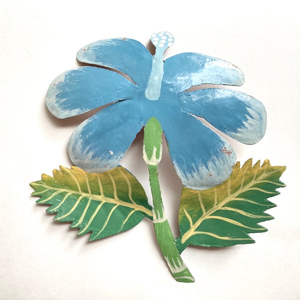 Haiti Folk Art Hand Painted Hibiscus Flower Metalwork Wall Decor Haitian Fair Trade Metal Work turquoise flower leaves Caribbean Vibe (MP4)