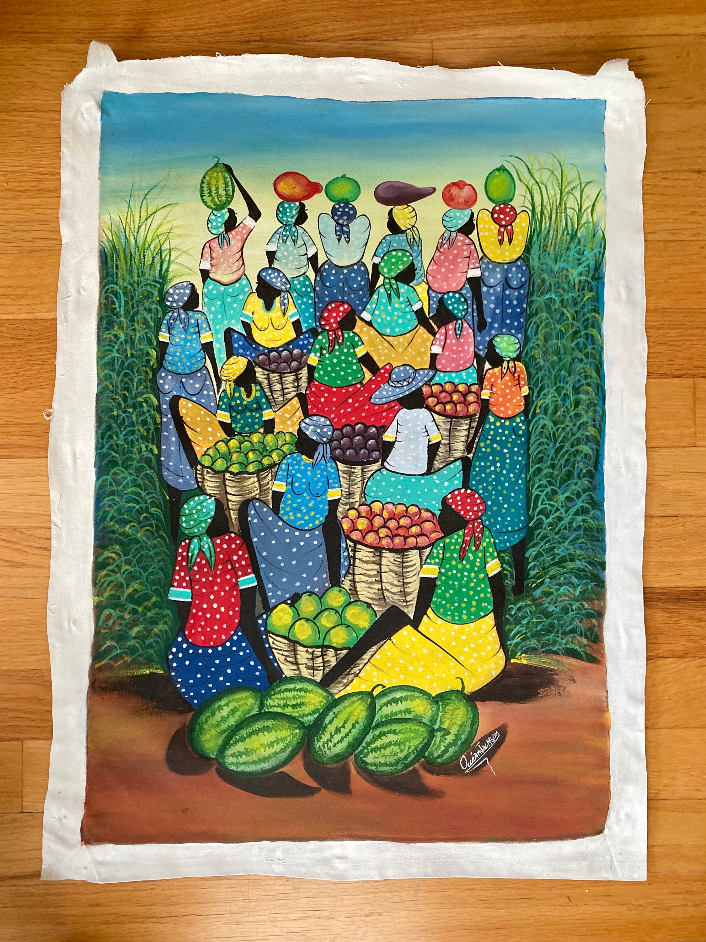 ハイチの絵画 オリジナルアート 市場の日 人々 女性 ハンカチ フルーツ 