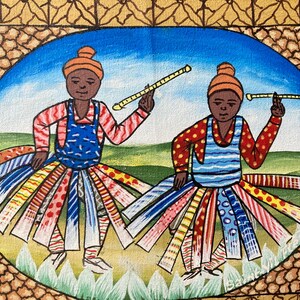 Original Painting Haiti Everyday Life Celebrated Hand Painted Colorful Costumes Dancing Fair Trade Haitian Naive Art 10&quot;x8&quot; Handmade (SBF3)