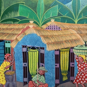 Haitian Painting Naive Art 15 3/4&quot;x19 3/4&quot; Original Painting Haiti Everyday Life Handmade Fair Trade Village Banana Trees People Mountains