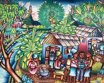 Original Fair Trade Painting Haiti Colorful Haitian Family Naive Folk Art 16”x12” Daily Jungle Village Life Birds Paul Odvel (PO125)