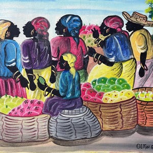 Haiti Painting Market Scene Haitian Women Daily Life Fair Trade Haitian Art 11&quot;x15&quot; Vibrant original Folk Art Baskets Fruit Eliphete (EO18)