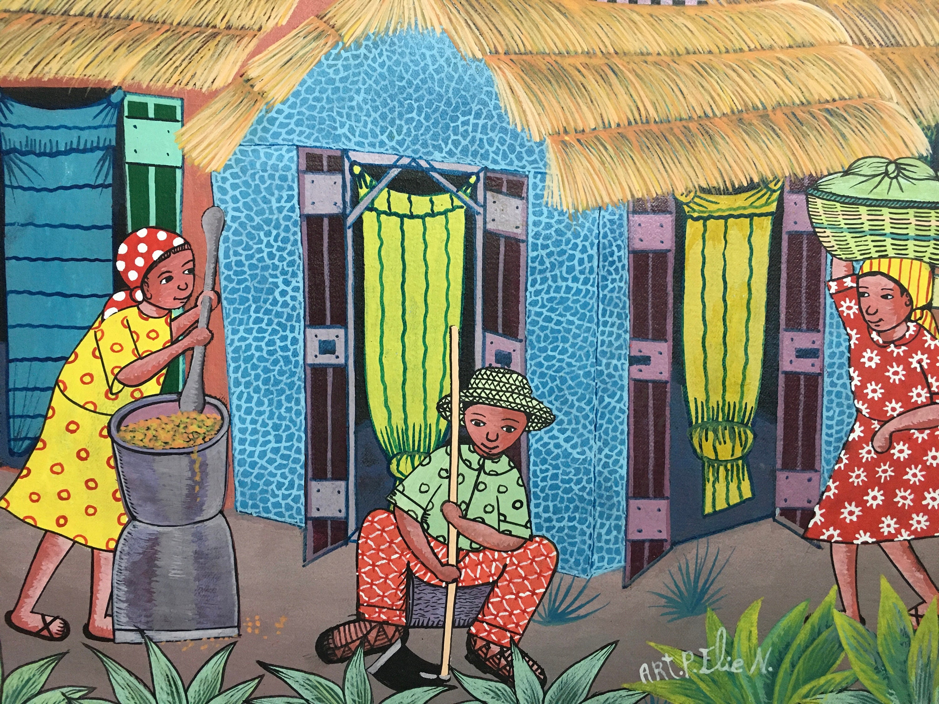 【ハイチアート】絵画 マーケット サイン有り ハイチアン　ヴィンテージ Amazing Vintage Haitian Painting Signed Pierre , Haiti Hand