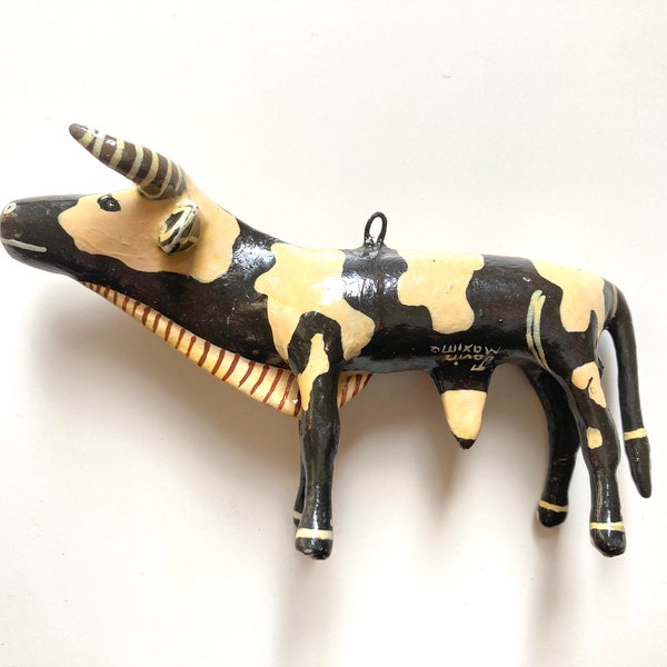 Folk Art Hand Carved wooden Cow Haiti painted Cattle figurine Haitian Handmade Ayiti handpainted wood carved Bull Whimsical Animal (MJ209)