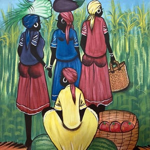 Haiti Painting Market Scene Haitian Women Daily Life Fair Trade Haitian Art 12&quot;x16&quot; Vibrant colorful original Folk Art Baskets Fruit (OJ29)