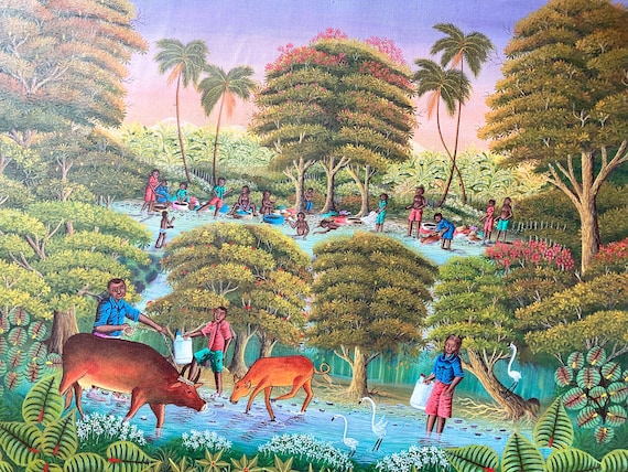 Peintres haïtiens Haitian Painters Haiti Original Painting Sunset Landscape Haitian Naive Folk Art 23