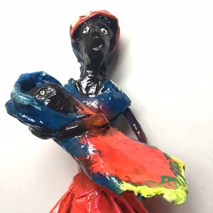 Handmade Haitian Papier Mache Figurine Haiti Artist Roseline Charlumeau Outsider Paper Folk Art Sculpture Fair Trade Naive Woman and Baby