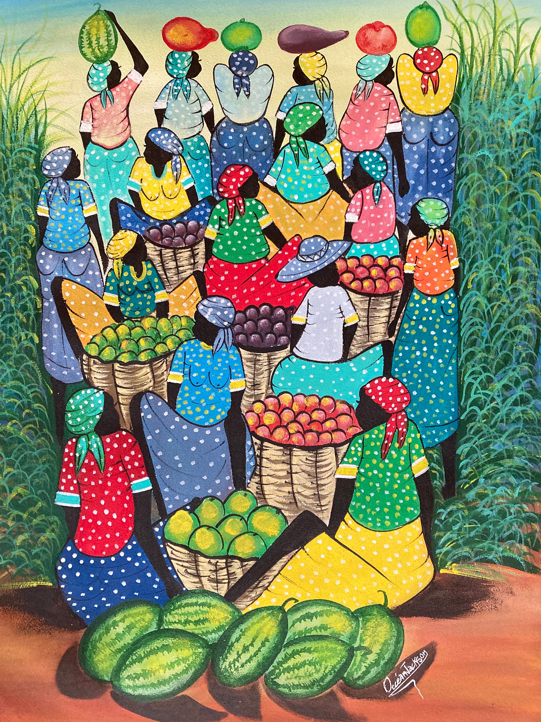 【ハイチアート】絵画 マーケット サイン有り ハイチアン　ヴィンテージ Amazing Vintage Haitian Painting Signed Pierre , Haiti Hand