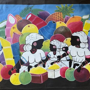 Haiti Painting Market Scene Haitian Women Daily Life Fair Trade Haitian Art 22”x27&quot; Vibrant original Folk Art Baskets Fruit Eliphete (EO13)