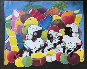 ハイチ絵画 オリジナル ナイーブアート 市場の日 人々 フルーツ
