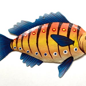 Haiti Folk Art Hand Painted Blue Tropical Fish Metalwork Wall Decor Haitian Fair Trade handpainted Steel Drum Metal Work Caribbean (NJ73)