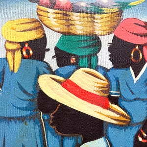 Haiti Painting Market Scene Haitian Women Daily Life Fair Trade Haitian Art 8&quot;x10&quot; Vibrant original Folk Art Baskets Fruit Eliphete (EO900)