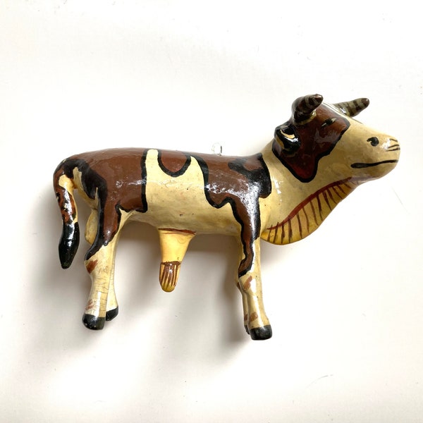 Folk Art Hand Carved wooden Cow Haiti painted Cattle figurine Haitian Handmade Ayiti Christmas ornament wood Bull Whimsical Animal (MJ210)