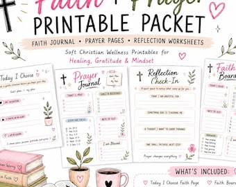Op de afbeelding: Een printbaar pakket met de woorden "Faith + Prayer" in roze en groen. Het pakket bevat geloofsjournals, gebedspagina's en reflectiewerkbladen. De afbeelding toont ook een stapel boeken, een koffiekopje en een kruis.