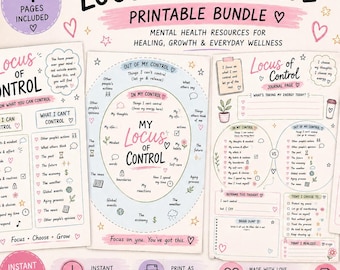 Op de afbeelding: Een afdrukbare mental health bundel getiteld "Locus of Control" met vier pagina's. De pagina's bevatten tekst en afbeeldingen voor zelfreflectie, waaronder "Wat ik kan controleren" en "Wat ik niet kan controleren".